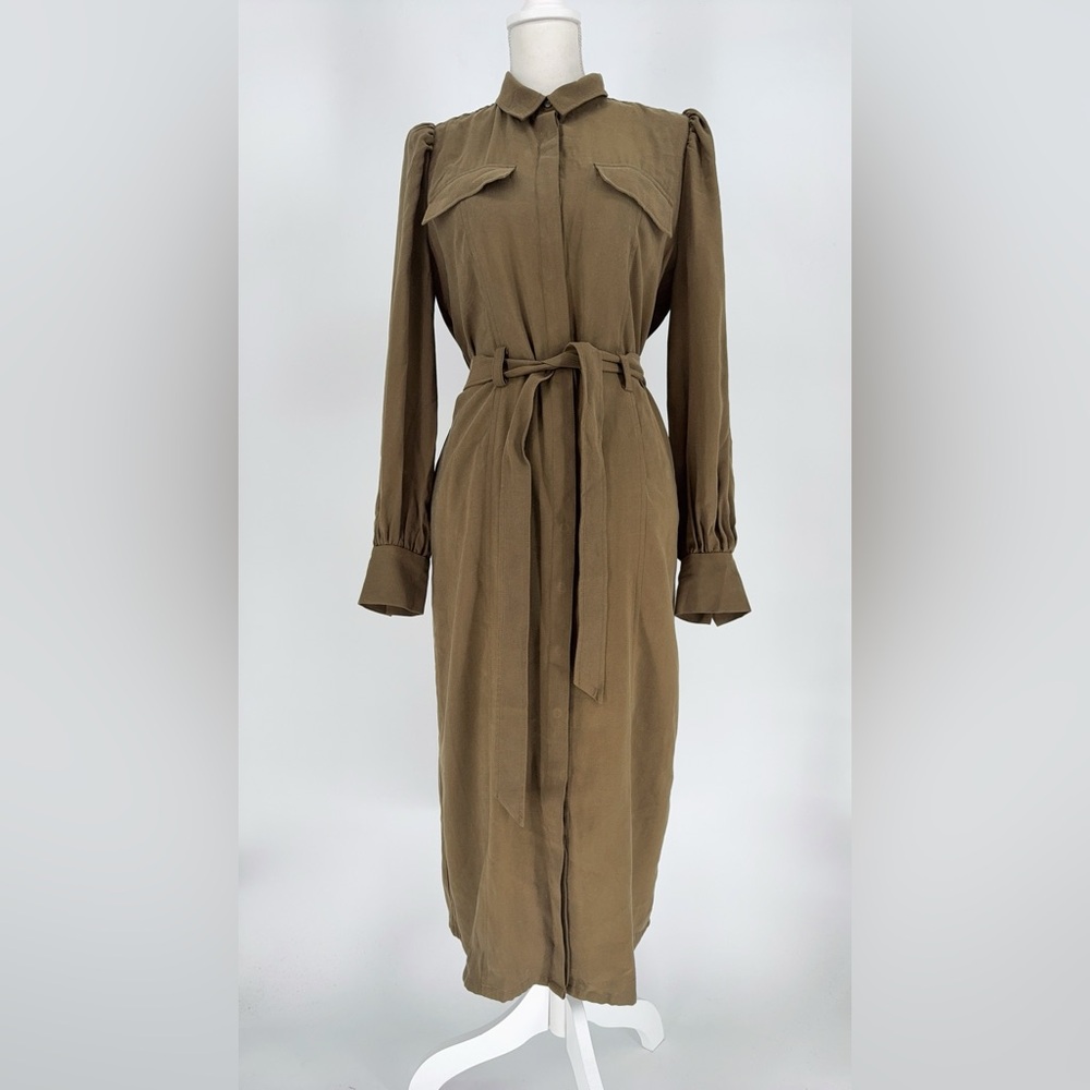 Nordstrom Midi Shirt Dress Long Sleeve Front Button Belted Pockets Green size s - Picture 2 of 10